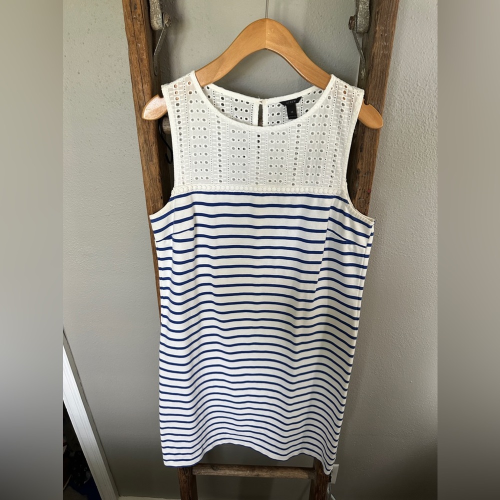 J. Crew White and Blue Striped Shift Dress w/ Lace Detail